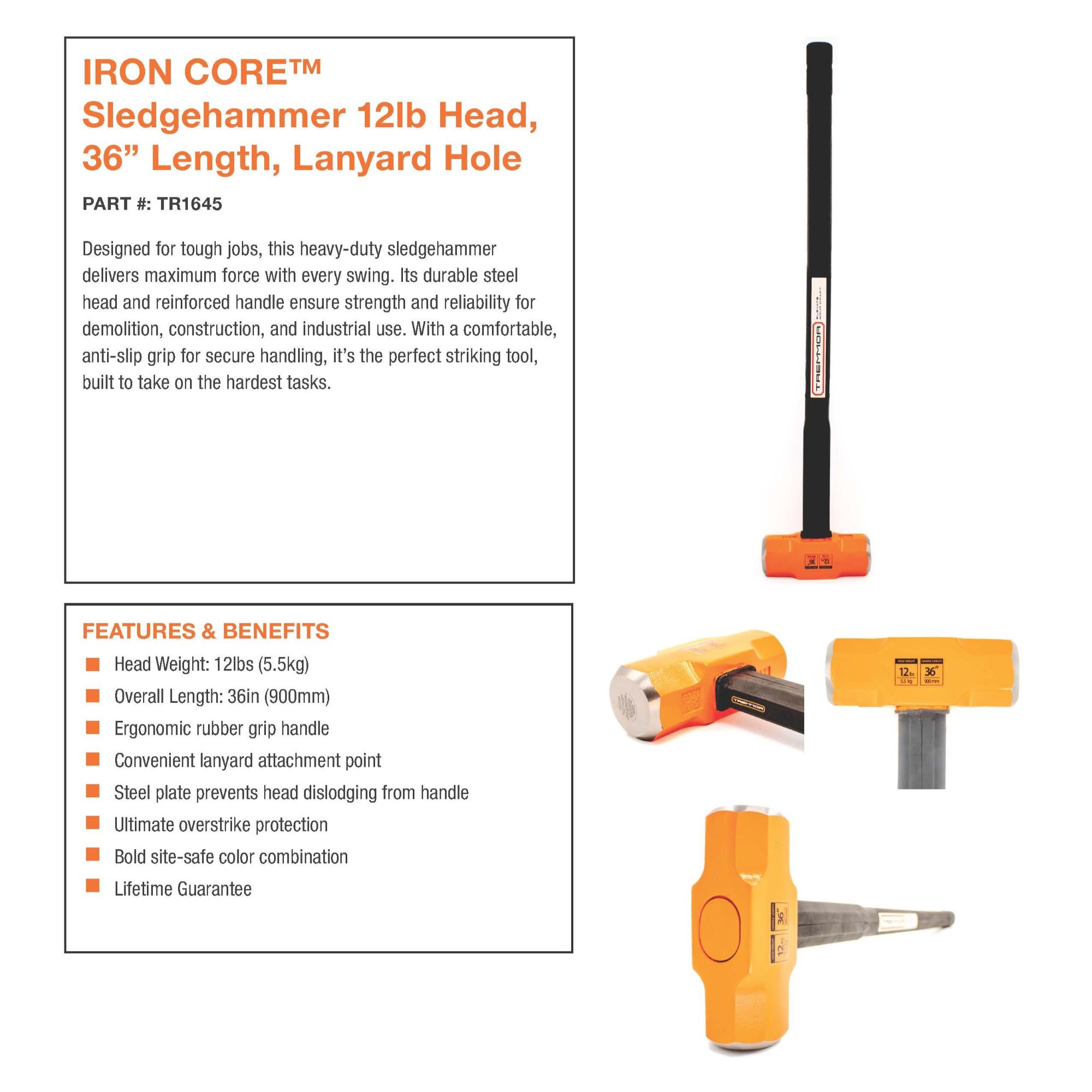 TREMMOR - IRON CORE™ Sledge Hammer 12lb, 36" - Image 6