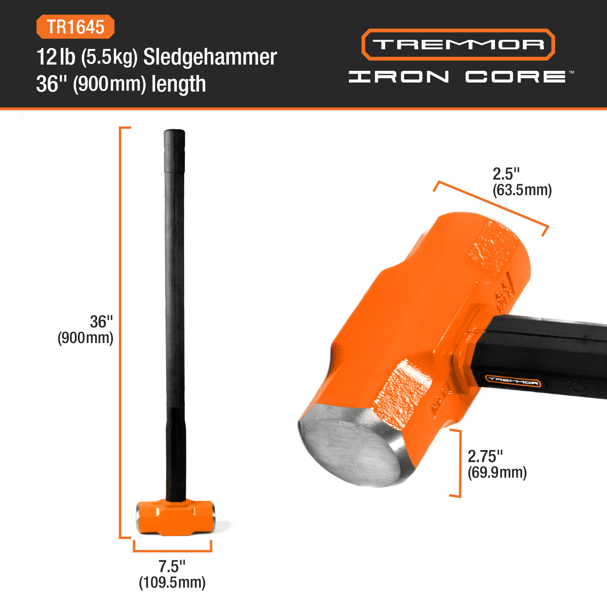 TREMMOR - IRON CORE™ Sledge Hammer 12lb, 36" - Image 3