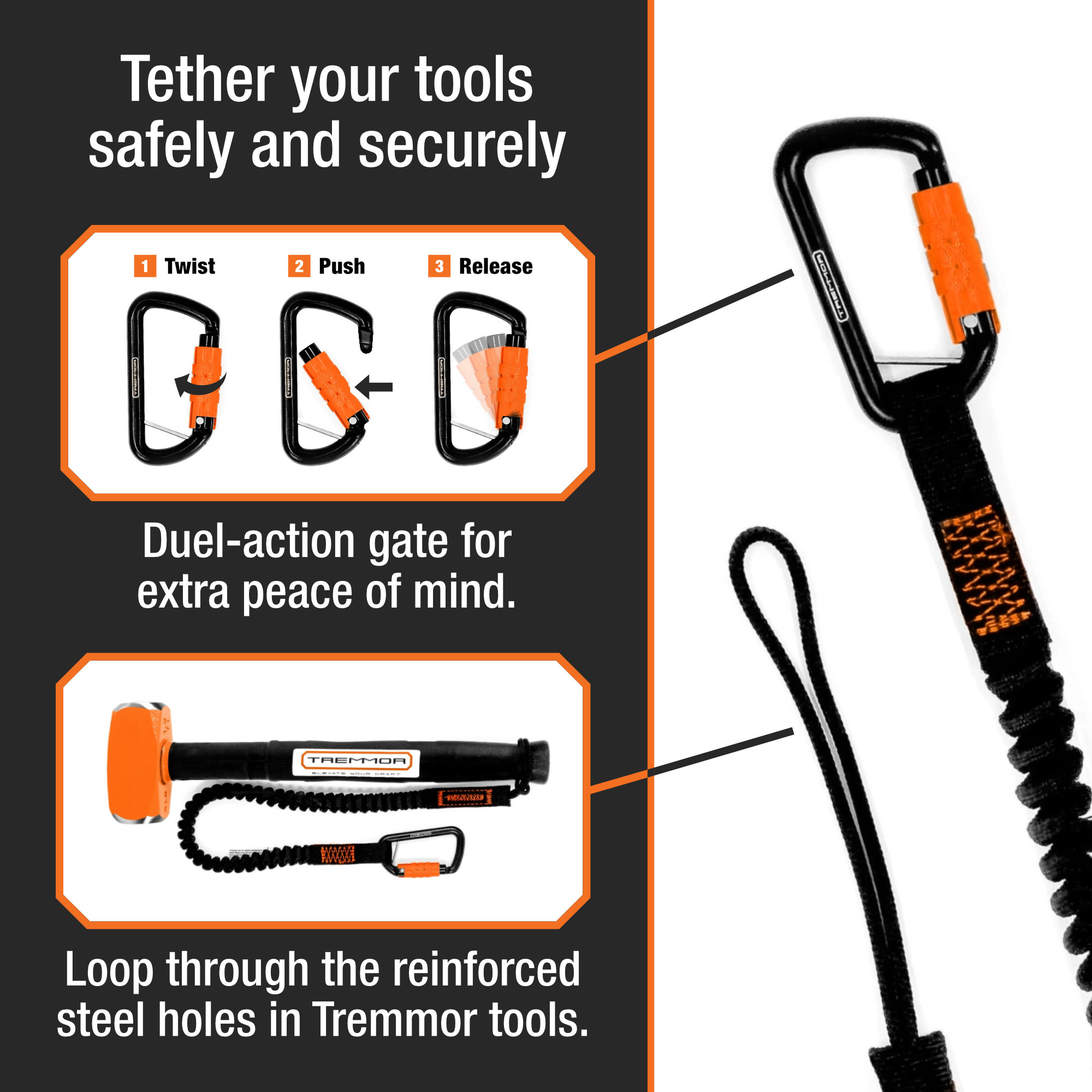 TREMMOR Tool Lanyard 35-51", 15 lb Capacity, Dual Action Carabiner - Image 3