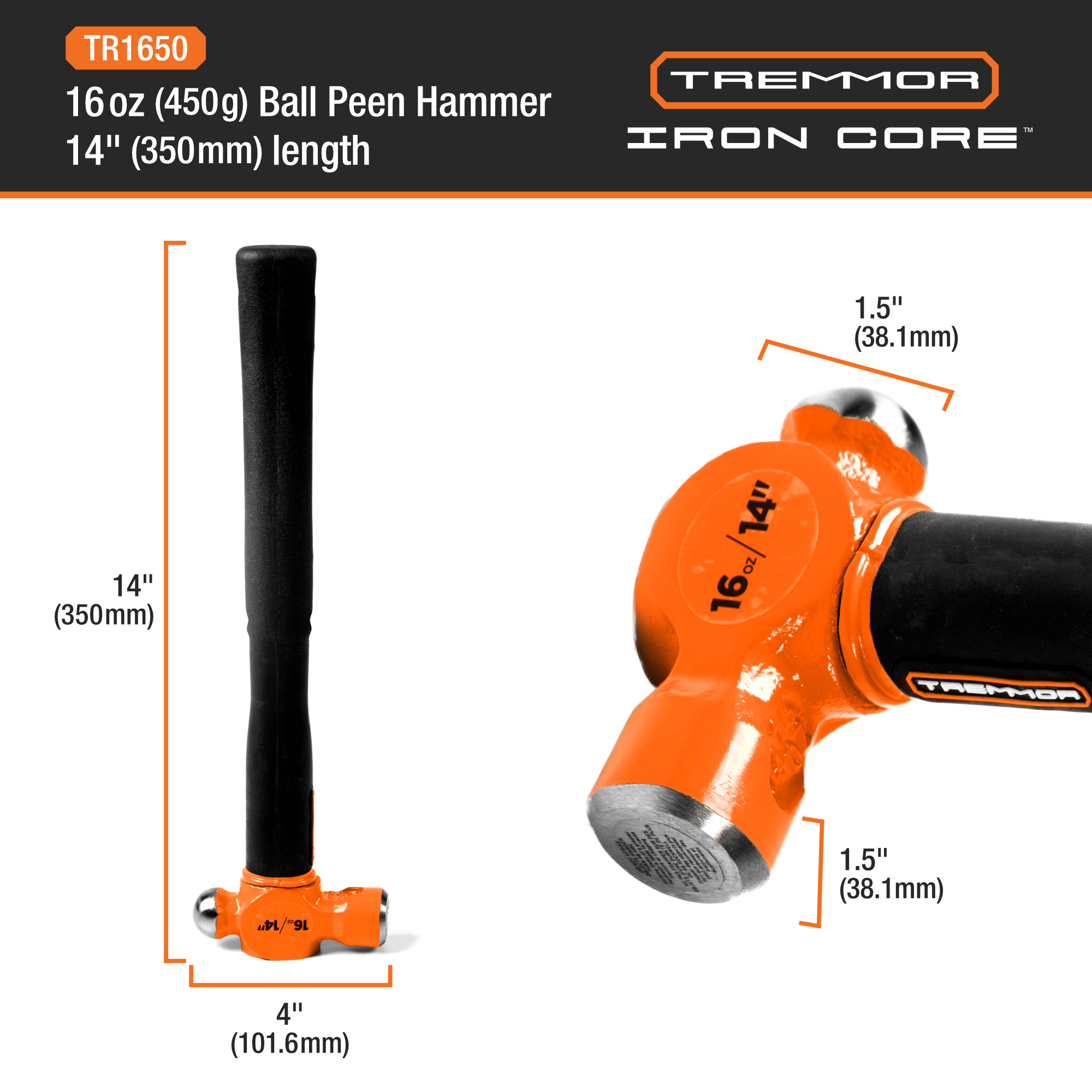 TREMMOR - IRON CORE™ Ball Peen Hammer 16 oz, 14" - Image 2